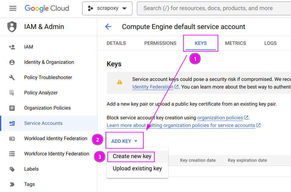 GCP Credential Newkey Select